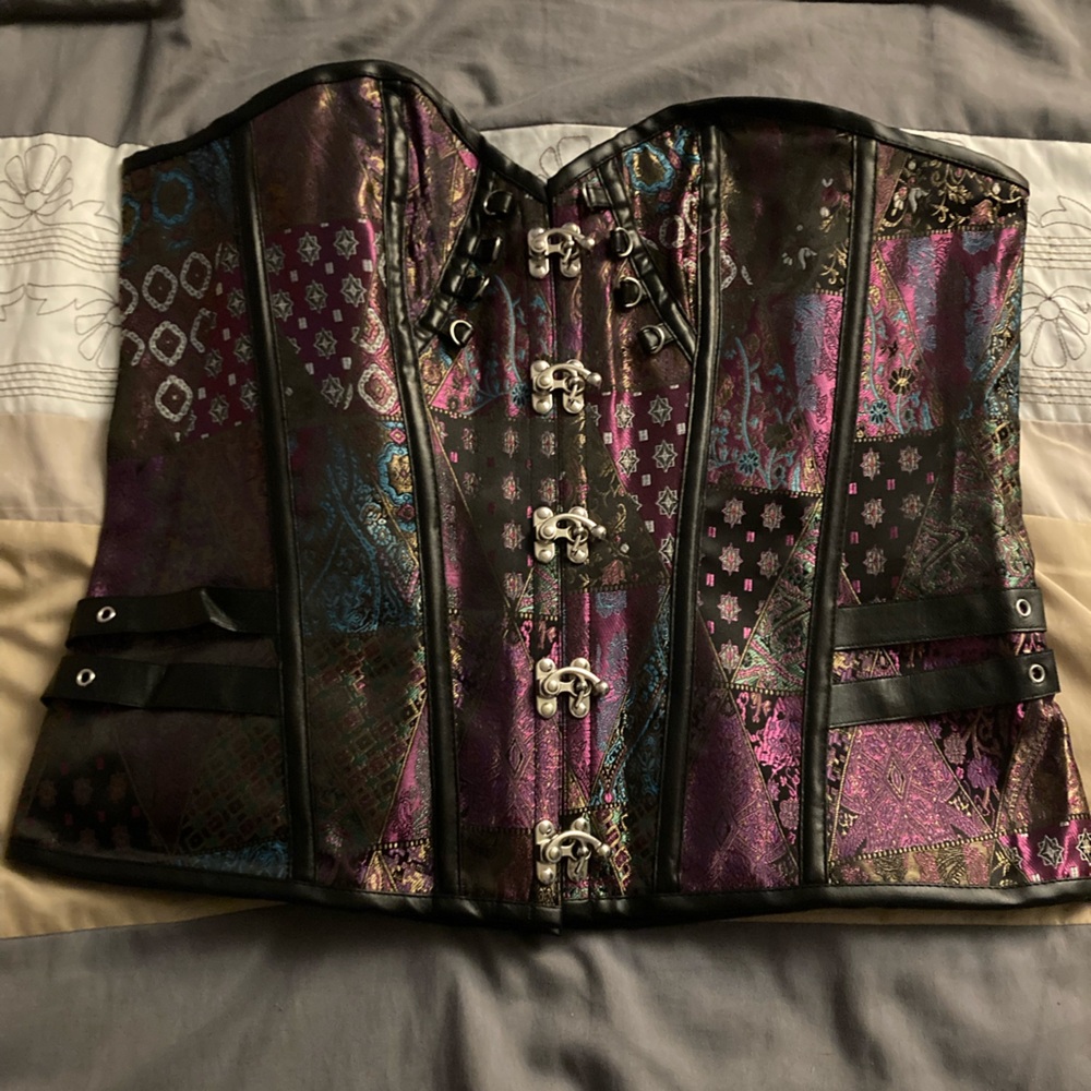 Colorful Patchwork Corset shapewear 1x purple metallic jewel tones